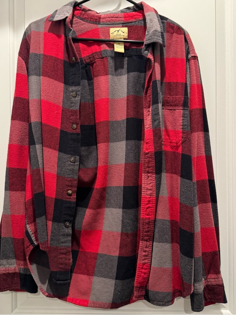 Blue Mountain Men's Red and Black Plaid Flannel Shirt - Classic Button-Down